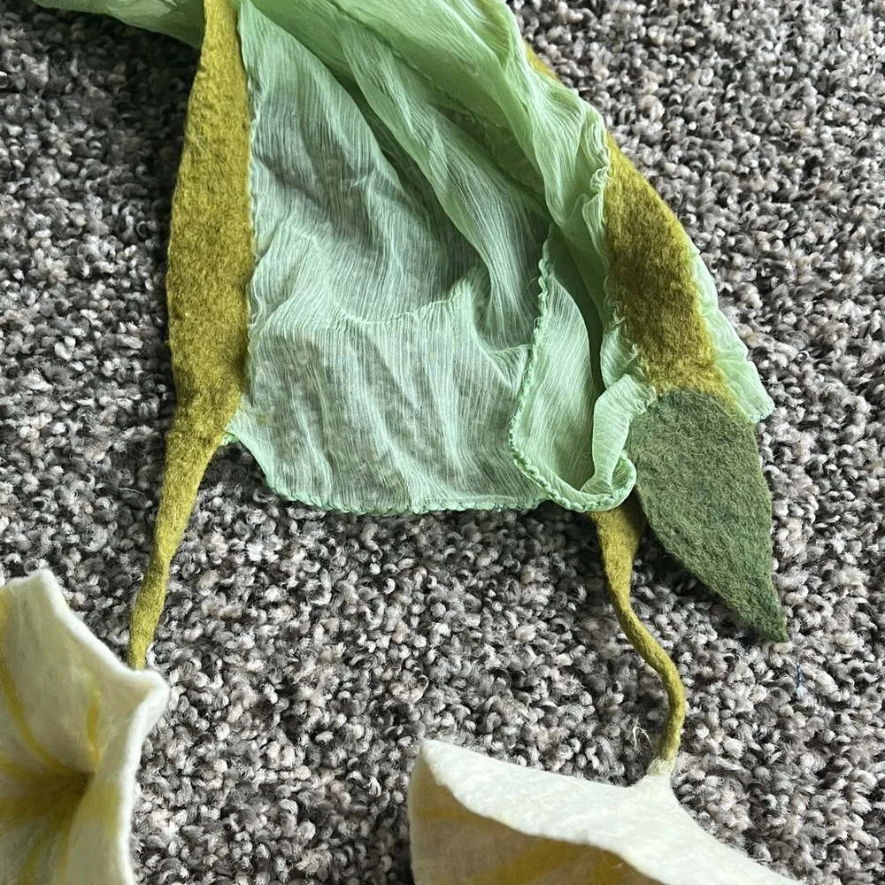 Light Green Scarf with Yellow Felted Trim and Floral Petals